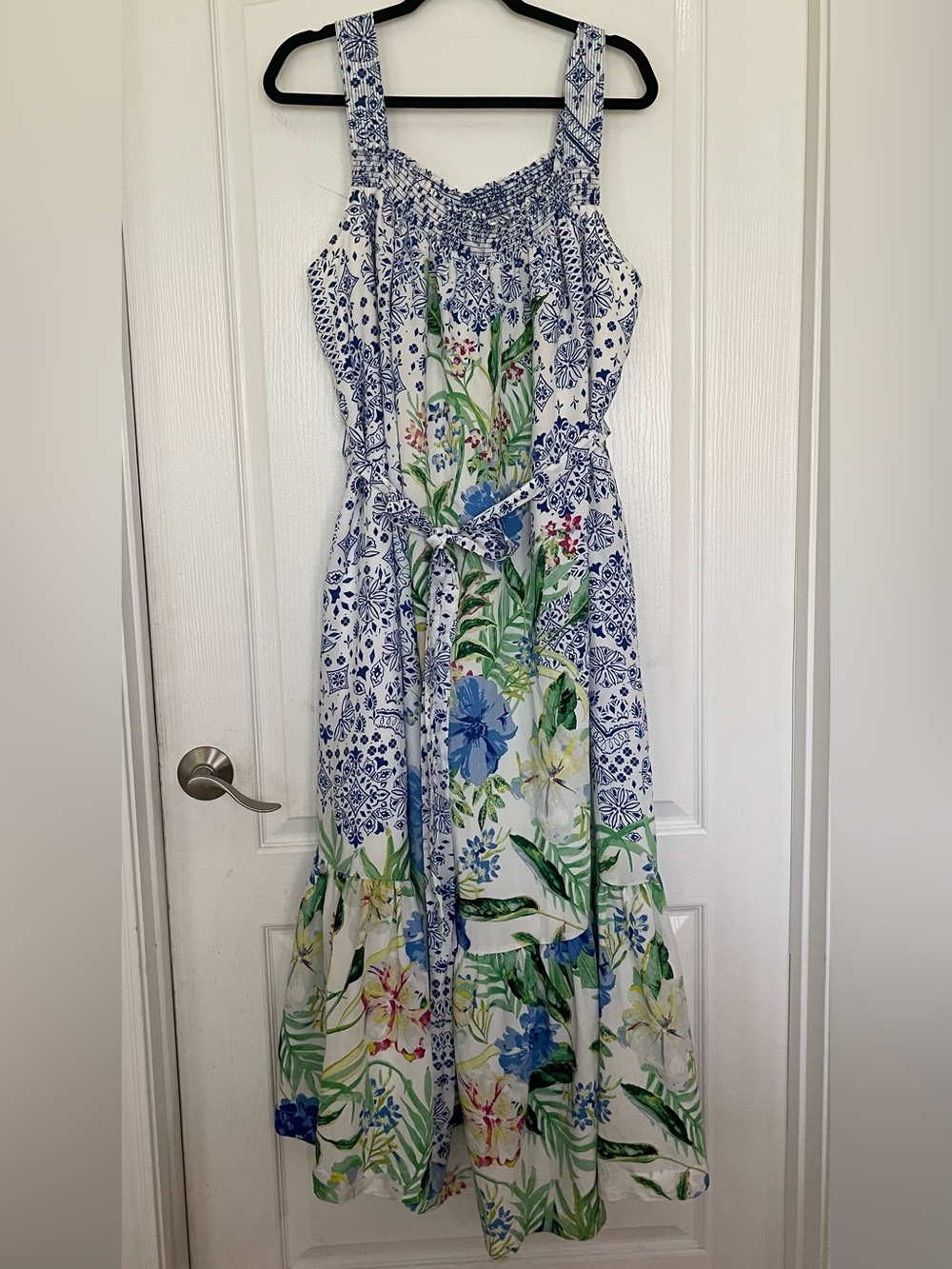 Anthropologie Maeve Flounced Maxi Dress with Blue & Green Floral Print